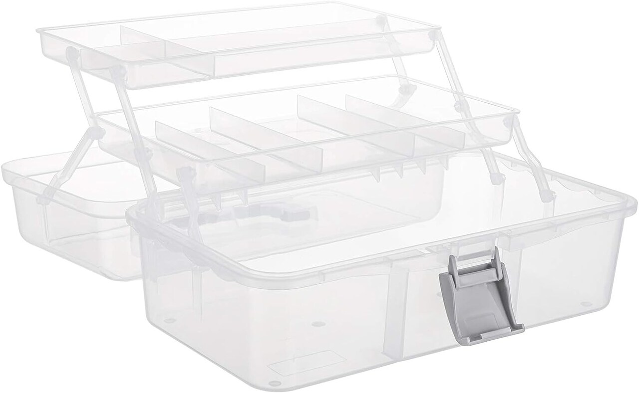 12-Inch 3 Layers Plastic Craft Organizer Box Storage Container First Aid Carrying Case for Sewing, Painting, Arts - Clear